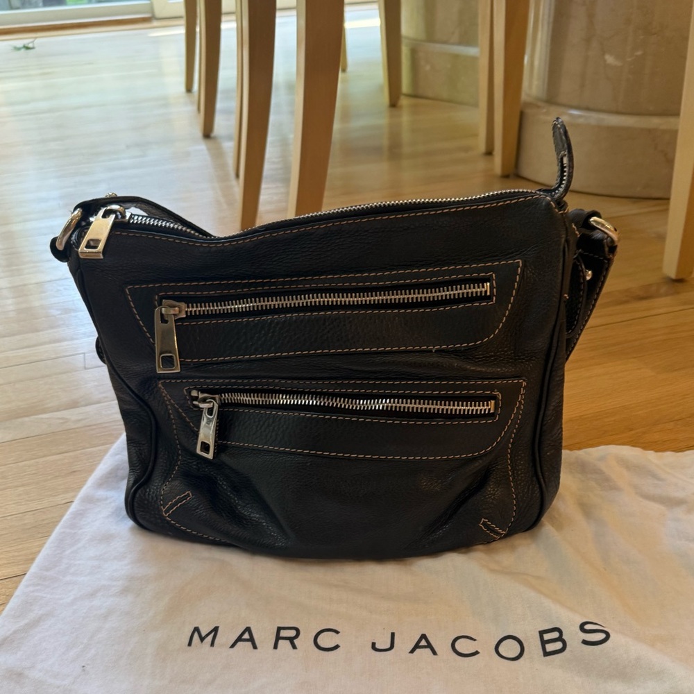 Marc Jacobs Black Leather Messenger Bag with Silver Hardware vintage